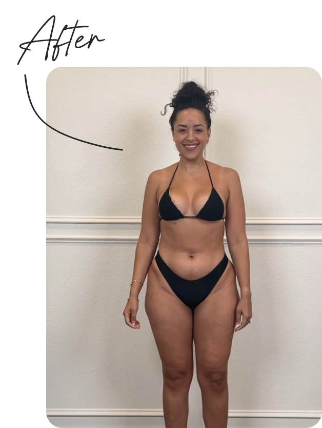 A photo of a woman after her fitness transformation using the online fitness platform called The FITclub.