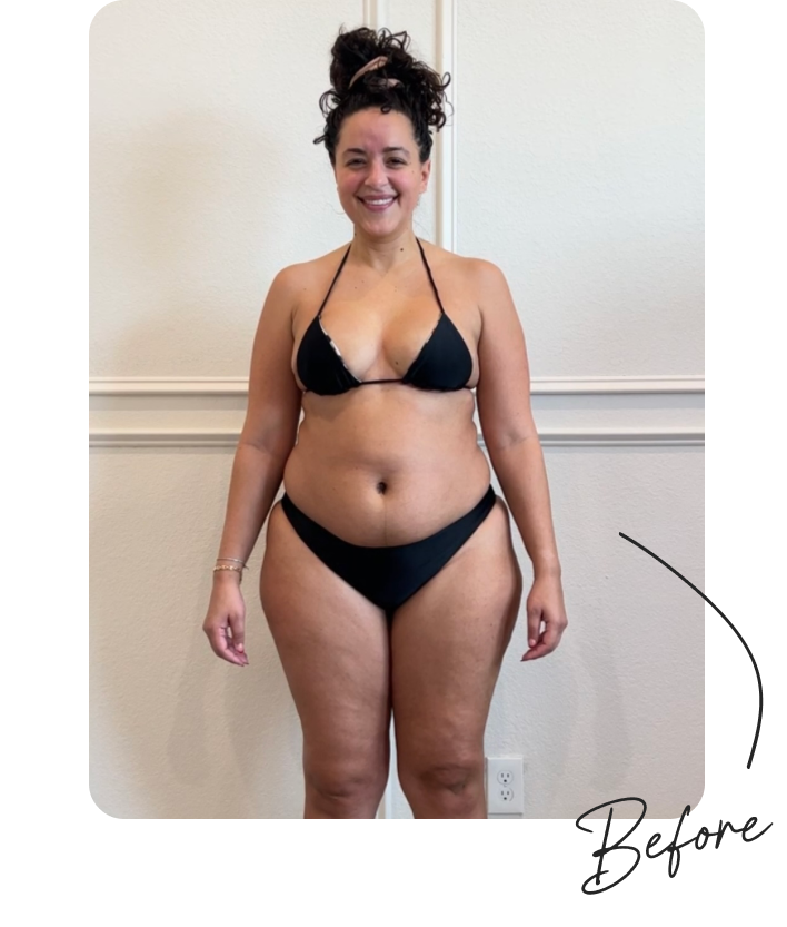A photo of a woman before her fitness transformation using the online fitness platform called The FITclub.